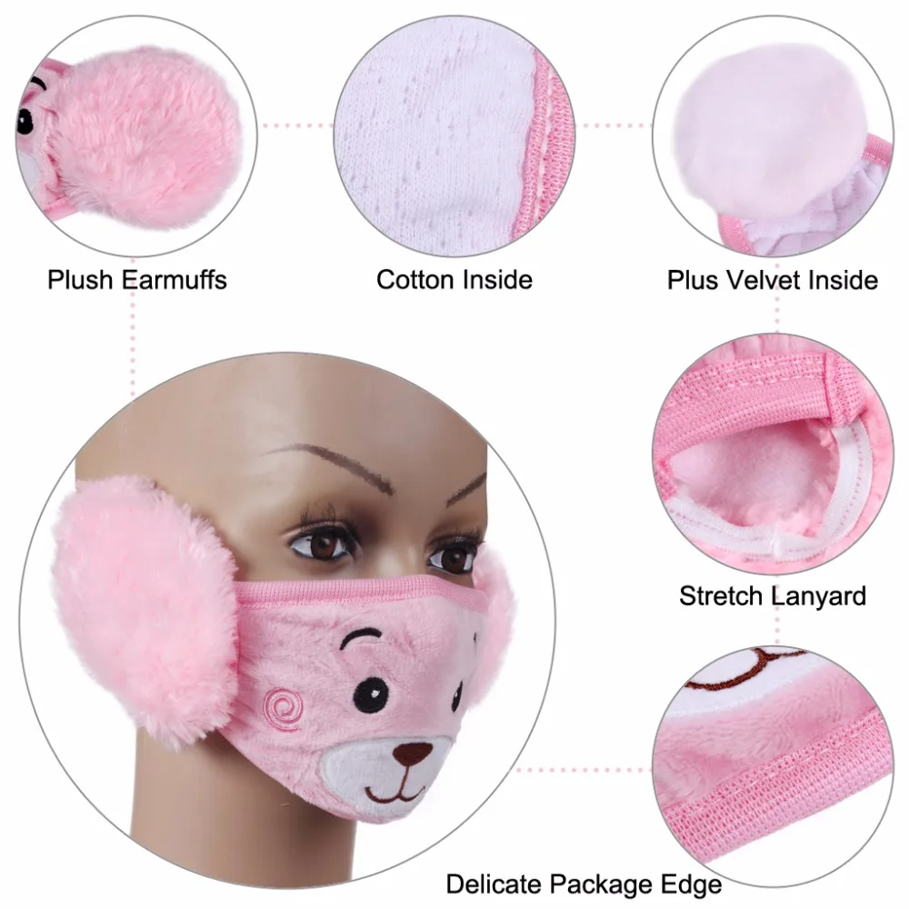Winter Plush Mouth-Masks For Children Earloop Face-Mouth Mask Warm And Dustproof Pink Cartoon Bear Pattern (4)