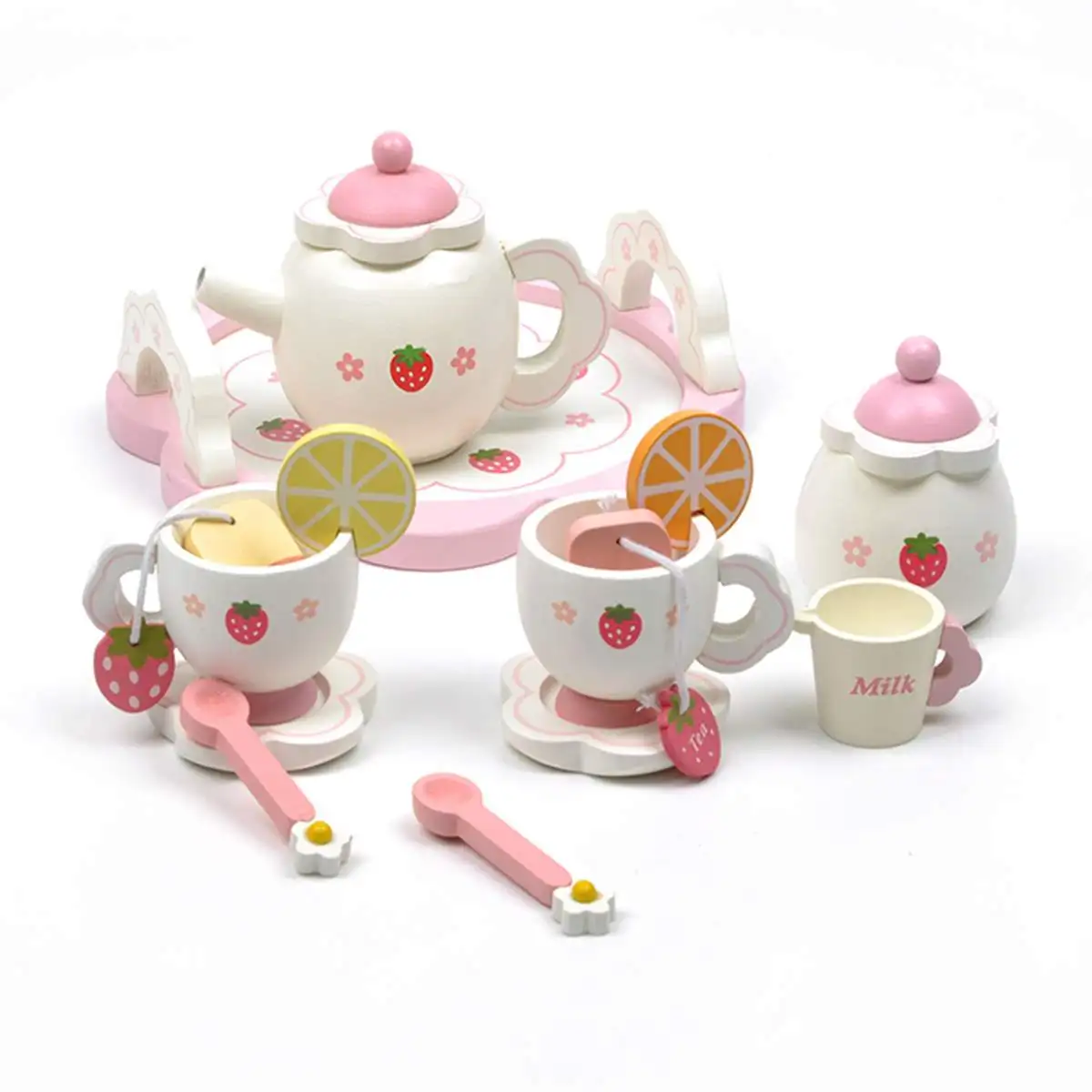 Детский деревянный набор для чая, чайный горшок, кружка, чайный горшок, чашка, один набор ложек, лимон, детская игрушка, подарок на день рождения, прекрасный Рождественский подарок