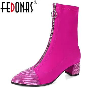 

FEDONAS Spring Autumn New Fashion Stretch Fabric Women Mid-calf Boots Vintage Pointed Toe Square Heels Chelsea Boots Party Shoes