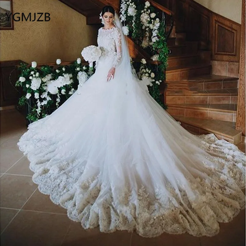

Vestido De Noiva 2019 Princess Wedding Dresses Applique Lace Long Sleeves A-Line Long Train Wedding Gown Bride Dress Bridal Gown