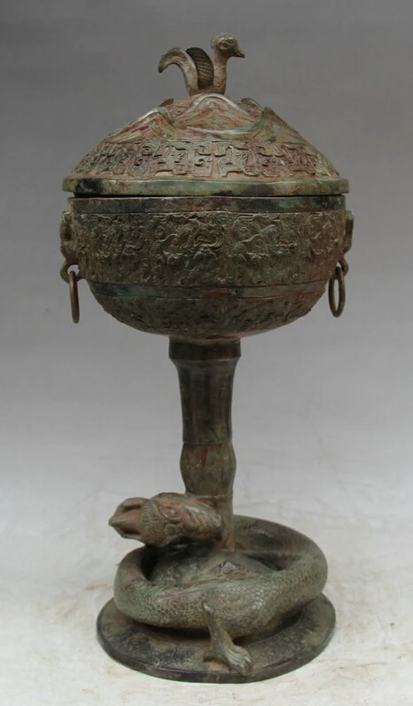 

Elegant old S2158 17" Old Chinese Bronze Dragon Beast Bird water vessel High foot Pot Jar Crock (A0321)