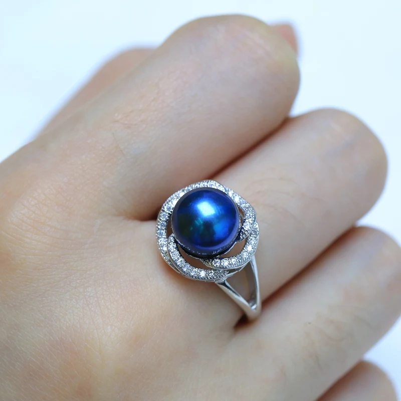 BaroqueOnly 9-10 мм кольца с натуральным пресноводным жемчугом для девушки хорошее регулируемое обручальное кольцо, хлеб круглый белый розовый фиолетовый - Цвет камня: Blue