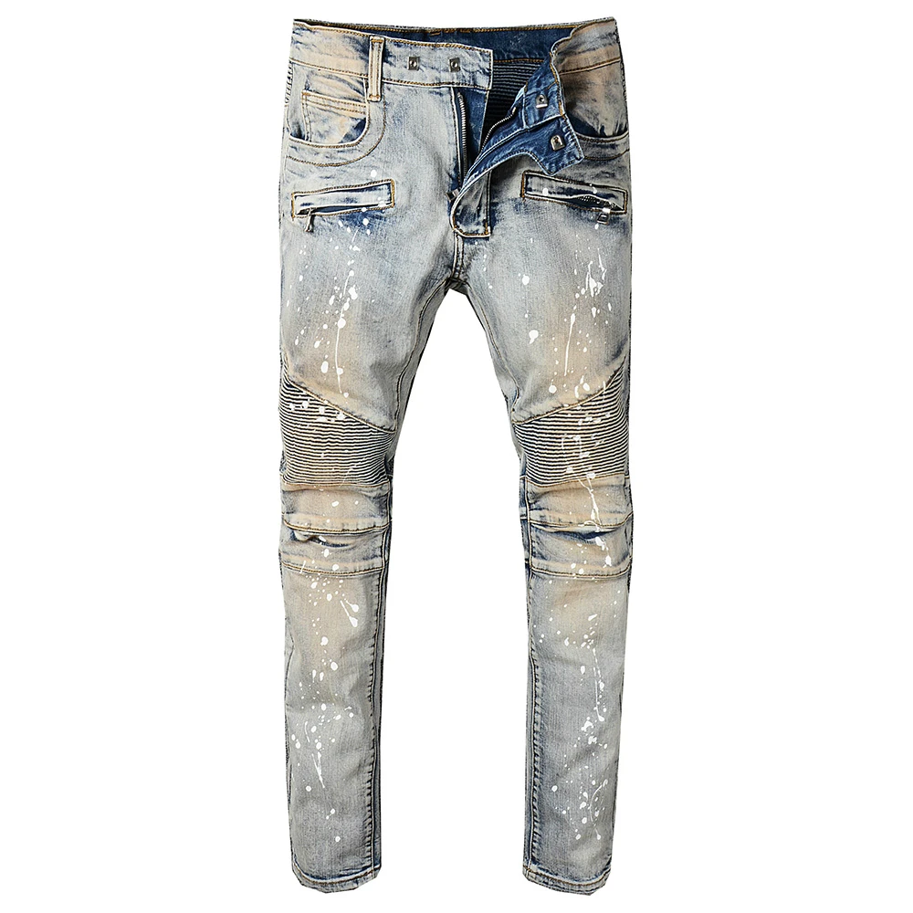 

Mens Jeans Blue Casual Skinny Jeans Men Slim Zipper Design Biker Jeans Hip Hop Ripped Jeans Men Stretch Big Sizes Denim Pants