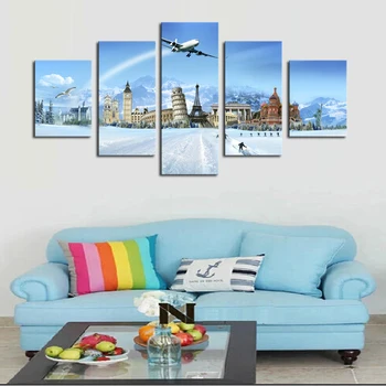 

Luxry Unframed 5 Panels The World Famous Buildings Print Painting Modern Canvas Wall Art for Wall Decor Home Decoration Artwork