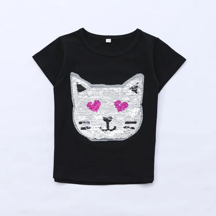 T-Shirts Cotton Girls Cool Things Cat Changing T Shirt Flip Sequin Shirt Reversible Sequin Kids Girls Tops 8
