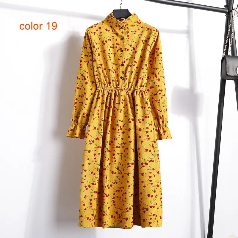 BGTEEVER вельветовое мягкое женское платье с цветочным принтом на осень и зиму со стоячим воротником женские платья для вечеринок с эластичной талией пляжные платья - Цвет: color 19