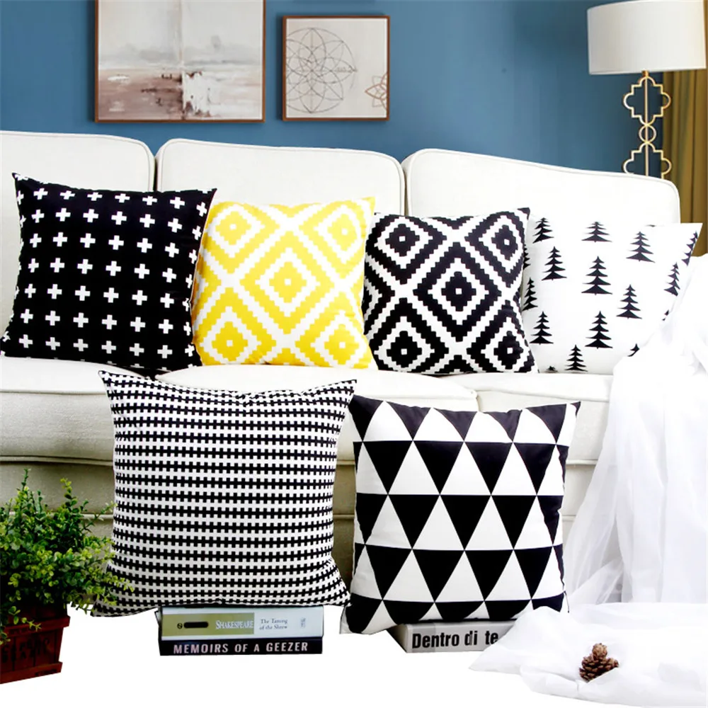 

Black And White Geometric Cotton Linen Wave 3D Square Tree Cotton Linen Sofa Seat Cushion Cover Home Decorations Cojines