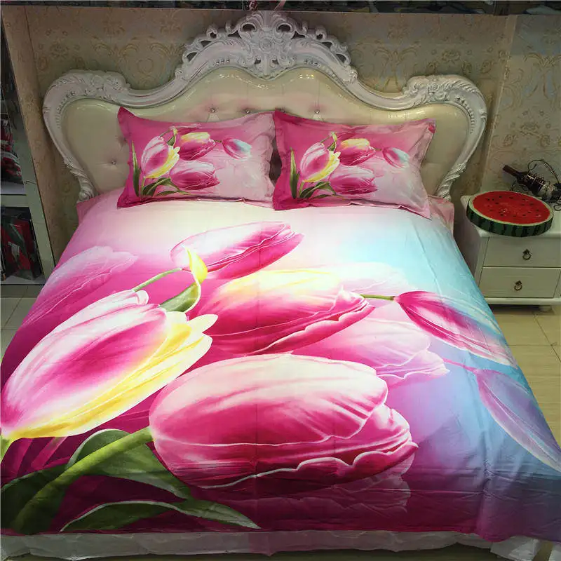 

Hot 3d Tulip Flowers Printed bedding Set Coverlets Cotton Bed Duvet Covers Adults Girls Bedroom Decor Full Queen size Woven Pink