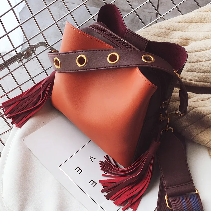 orange bag Женская винтажная сумка на плечо из искусственной кожи однотонная сумка-мешок модная сумка с кисточками маленькая простая квадратная сумка 3 цвета - Цвет: orange bag