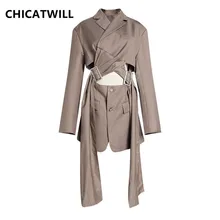 Runway Designer Sexy Buckle Cutout Women Plaid Long Blazer Faux Two Pieces Tops Office Lady Blazer Suits England Autumn 2019