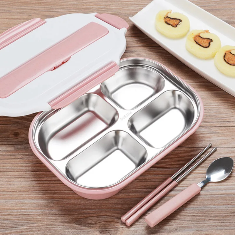 Baby Food Storage Straw Steel Lunch Box 4 Grid Children Feeding Training Container Dinnerware Set Eco-Friendly Food Lid BB5083 (12)