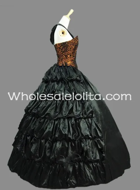Готический Черный и Золотой Холтер Рукавов Victorian Inspired Dress Хэллоуин Бал-Маскарад Платье