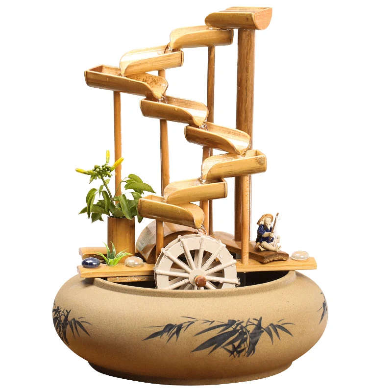 

110/220V Handmade Sculpture Bamboo Ceramic Water Fountain Atomizer Garden Feng Shui Wheel Decorative Ornaments for Birthday Gift