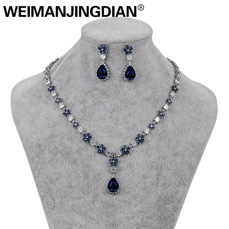 WEIMANJINGDIAN Red / Blue / Clear Teardrop and Flower Cubic Zirconia Crystal Necklace and Earring Set for Wedding or Party