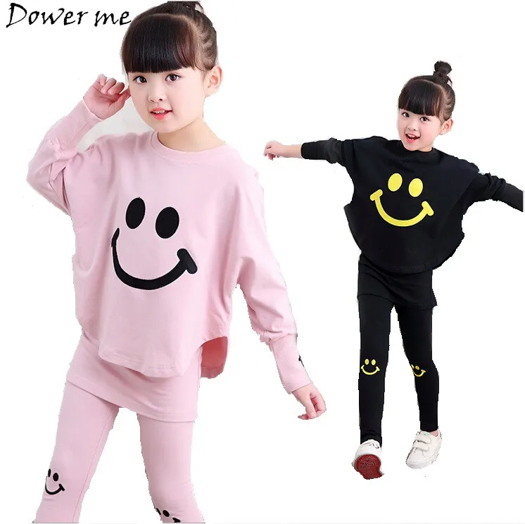 Spring Kids Girls Clothes Set Emoji Print T shirt + Pant 2 Pcs Baby