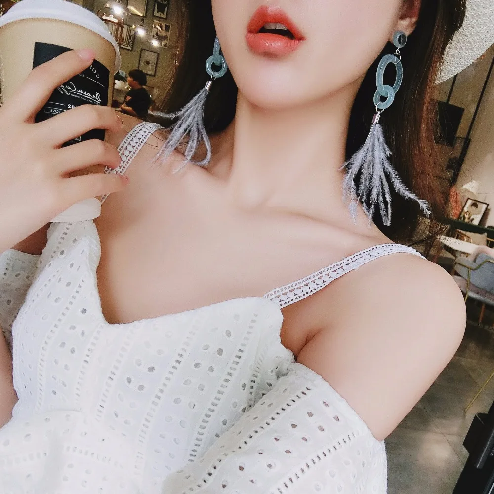 HUISTORY Acrylic Earrings Fashion Jewelry Vintage Statement Blue Feather Women For Party Gift | Украшения и аксессуары