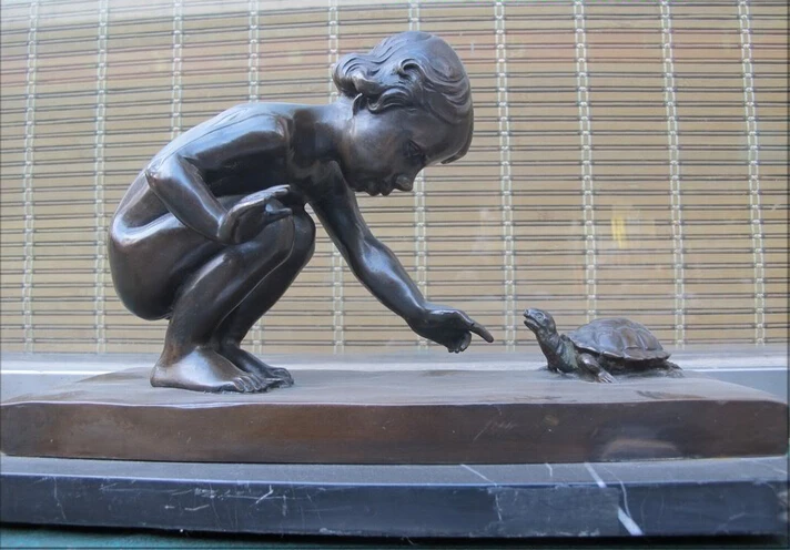 

shitou 003273 13"Western Bronze Marble ART The BOY Beach Look Turtles tortoise statue discount 30% (C0324)