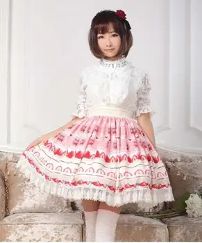 

Sweet Pink Lolita Strawberry Printed Lace Pleated Knee Length Skirt for Girl