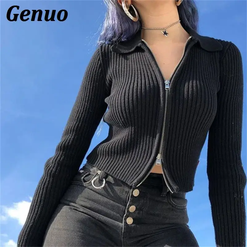 Genuo Women Knit Zipper Sweater Coats Sexy Lapel Full Sleeve Solid Slim Crop Tops Casual Autumn Winter Elastic Warm Knitwear