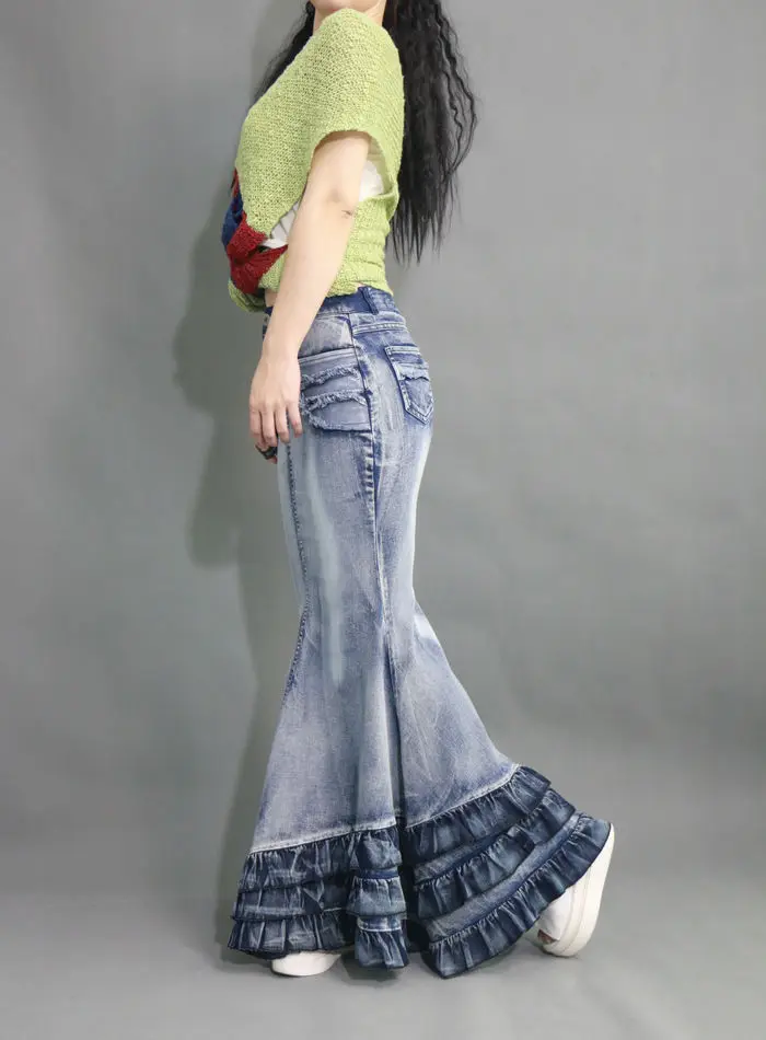 Женская длинная джинсовая юбка с высокой талией градиентные джинсы с бахромой труба прохладная рыба-Русалка Богемские юбки макси B268
