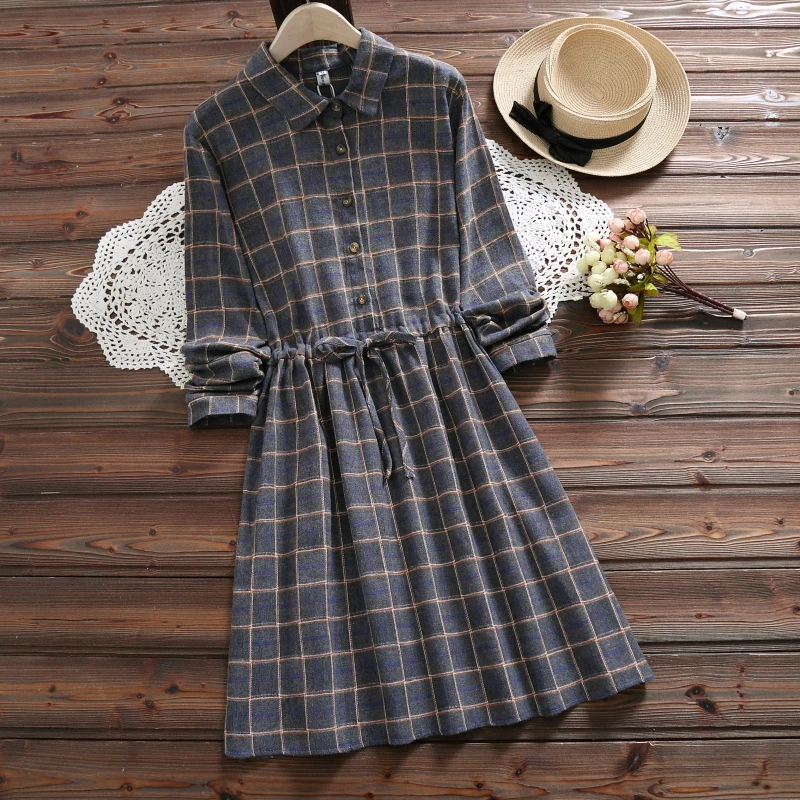 6 Colors Mori Girl Autumn Winter Women Cute Dress Vintage Plaid Cotton Lace Up Casual Loose Vestidos Mujer Elegant Preppy Dress