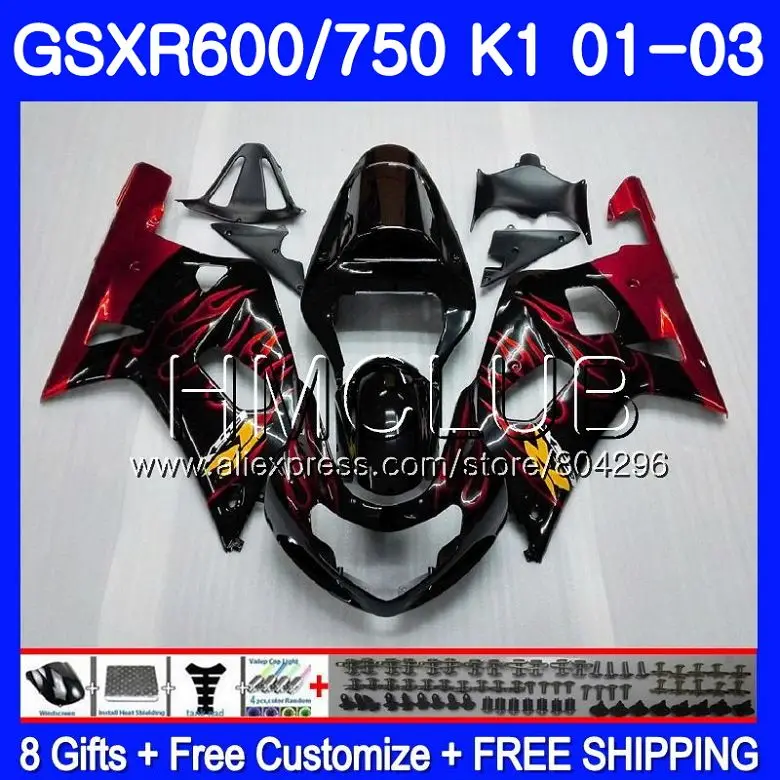 

Bodys For SUZUKI GSX-R750 GSXR 750 K1 GSXR600 01 02 03 3HM.23 Red flames GSXR 600 01 03 GSXR-600 GSXR750 2001 2002 2003 Fairing