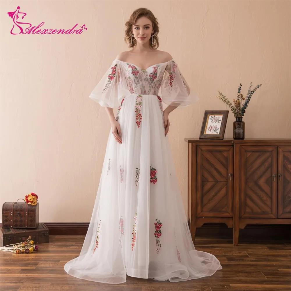 

Alexzendra Stock Dress Tulle Off the Shoulder A Line Long Prom Dresses with Sleeves Printed Flowers Evening Gowns Party Dresses