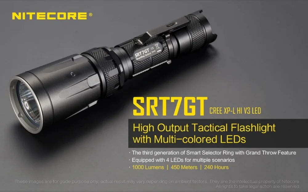 NiteCore SRT7GT Cree XP-L HI V3 Red Green Blue UV LED Flashlight Black SRT7