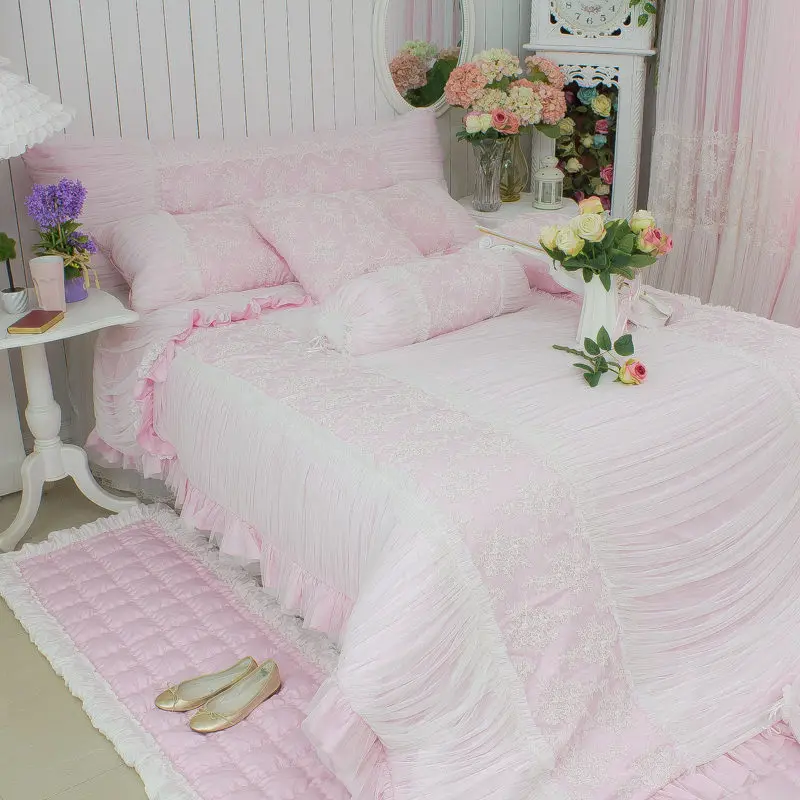 New sweet pink bedding set luxury European embroidery ruffle duvet