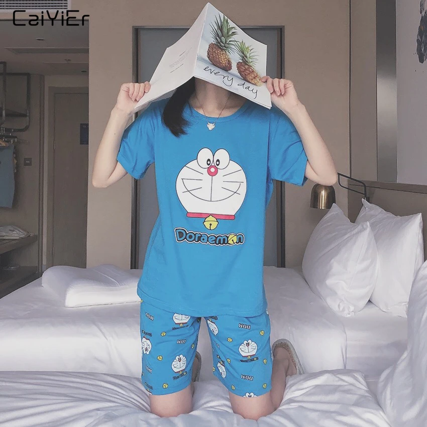 

Caiyier Cute Doraemon Print Pajama Sets Round Neck Short Top + Shorts Sleepwear Causal Women Nightwear Homewear 2019 Summer