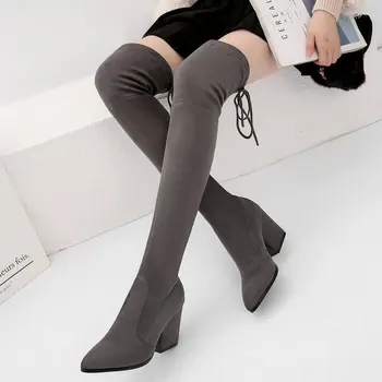 

Pointed Toe Square Heel Stretch Boots Women Sexy Thigh High Boots Ladies Red Black Party Shoes Woman Winter Over the Knee Boots