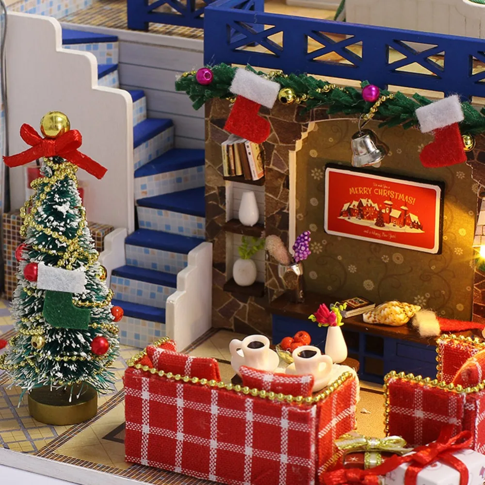 IiE создать кукольный домик K026 синий Рождество миниатюрный DIY Kit с подсветкой и пылезащитный чехол