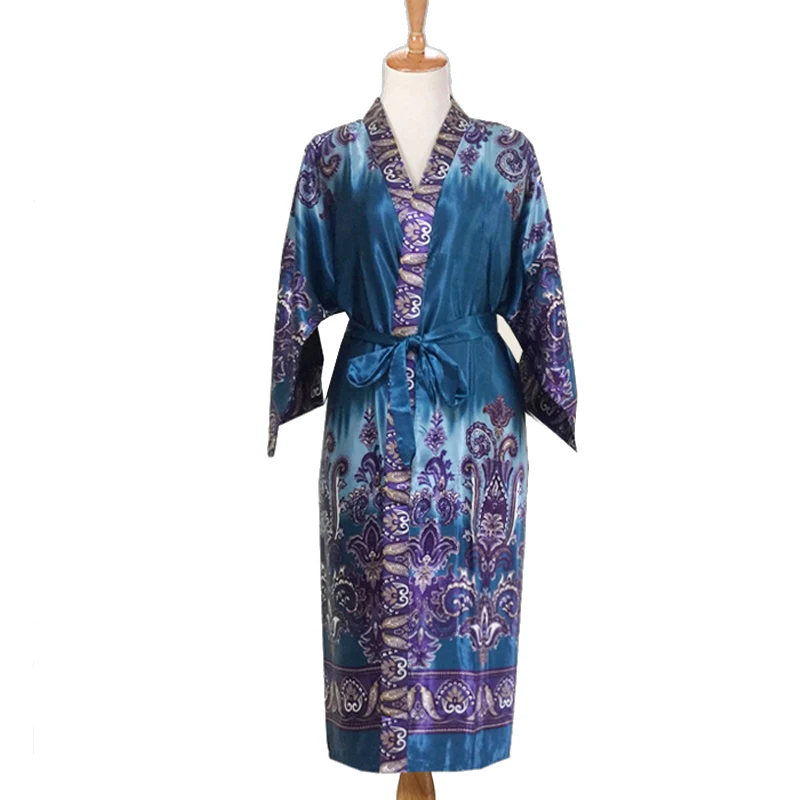 

Factory Direct Selling Blue Chinese Mens Satin Rayon Robe Print Kimono Bath Gown Brand Designer Home Wear Sleepwear One Size