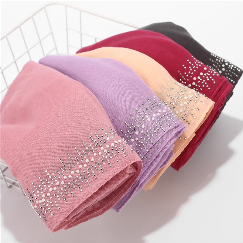 

2019 New Design Luxury Women Scarf Pearl Scarfs Rhinestone Cotton Hijab Shawls Wrap Solid Color Muslim Hijab Scarf