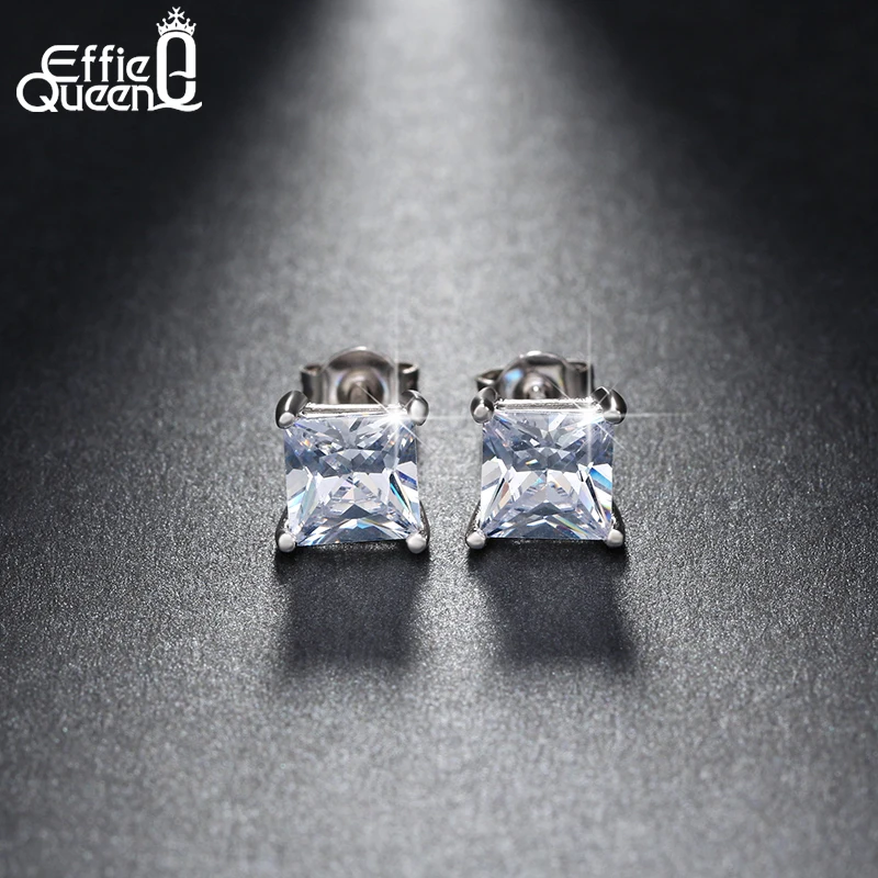 

Effie Queen Brilliant Princess Cut Zircon Women Stud Earrings 6 Color Choices Classic Silver Earrings Party Jewelry DE148