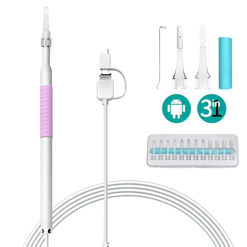 3 в 1 для чистки ушей, эндоскоп со змеиной трубкой, визуальная камера с ушным вкладышем, USB инспекционный светодиодный бороскоп для телефона Android, ПК, инструмент для очистки ушей