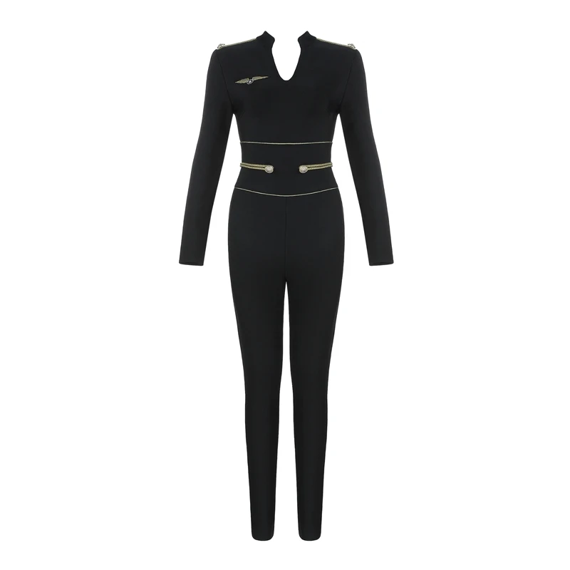 Bqueen Sexy Deep V Long Sleeve Women Bandage Jumpsuits Solid Black  Women Bodysuits Fashion Full Bodycon Romper