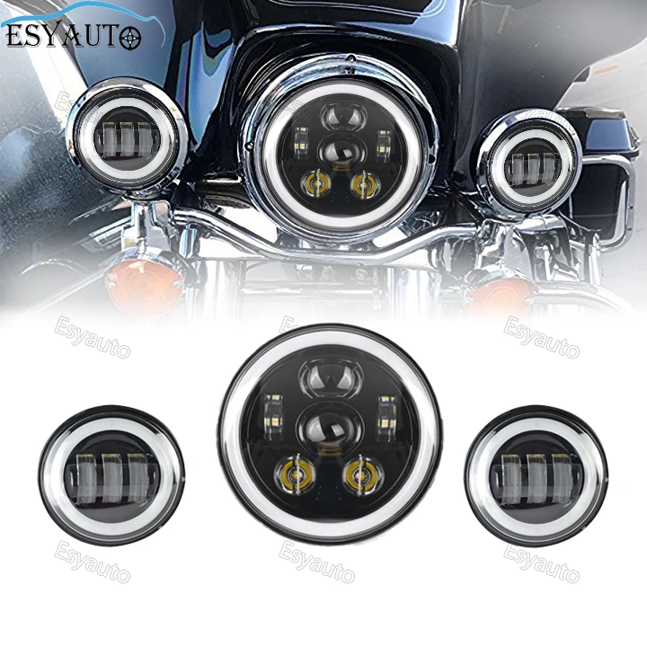 

7''7 Inch LED headdlamp Round Amber Angel eye Headlight+4.5" Fog Light Halo Ring Passing Lamps for Motorcycle