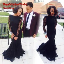 2017 Custom Made Boat Neck Long Sleeve Mermaid Prom Dresses Sexy Long Black Lace Evening Gown