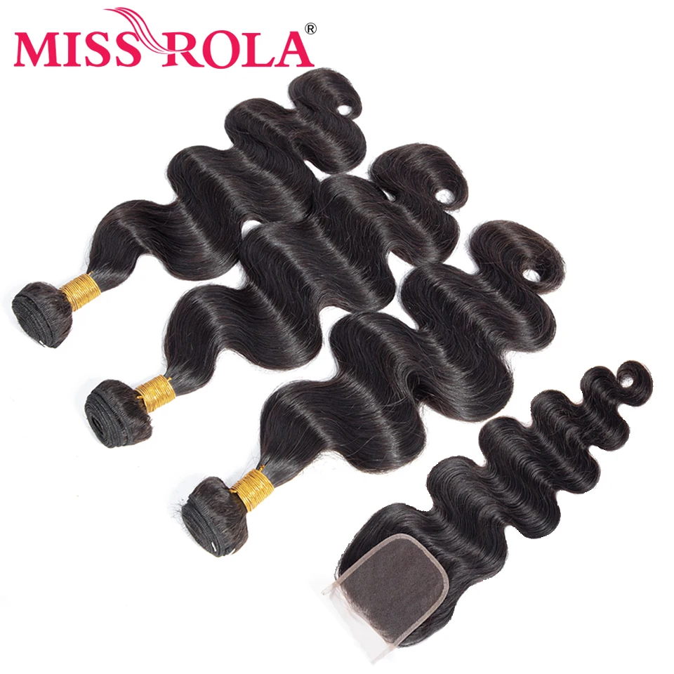 

Miss Rola Hair Brazilian Hair Body Wave Bundles With Closure 100% Human Hair Remy 3 Bundles With 4*4 Closure Nature Color