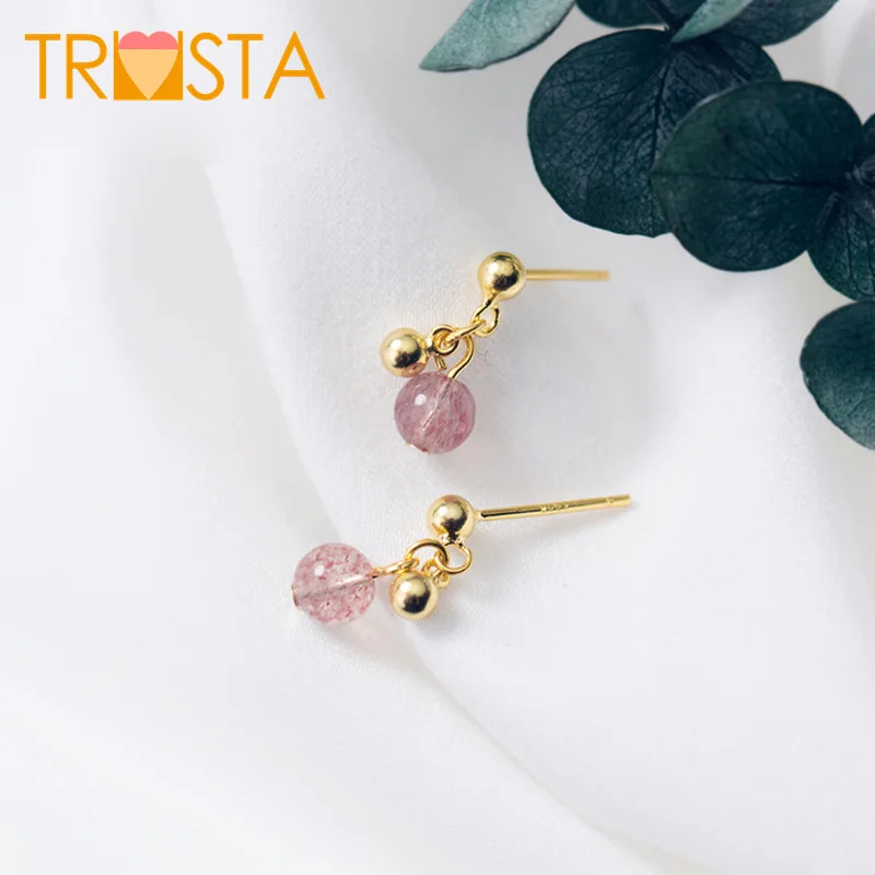 

ElfoPlataSi 100% 925 Solid Real Sterling Silver 14mmX5mm Strawberry Crystal Gold Beads Stud Earrings For Girl Kid Lady XY1031