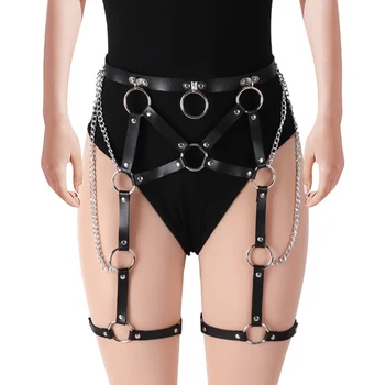 

Ring Metal Leather Garter Belt Body Harness Adjustable Black Women Party Festival Rave Wear Stockings Suspender Sexy Hollow Out