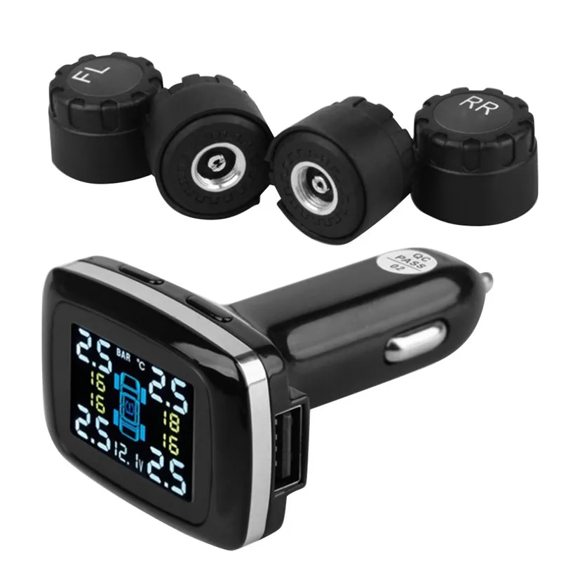 

Tire Pressure Monitoring System Wireless TPMS with 4 External Sensors Cigarette Lighter Plug LCD Display with Tire Pressure