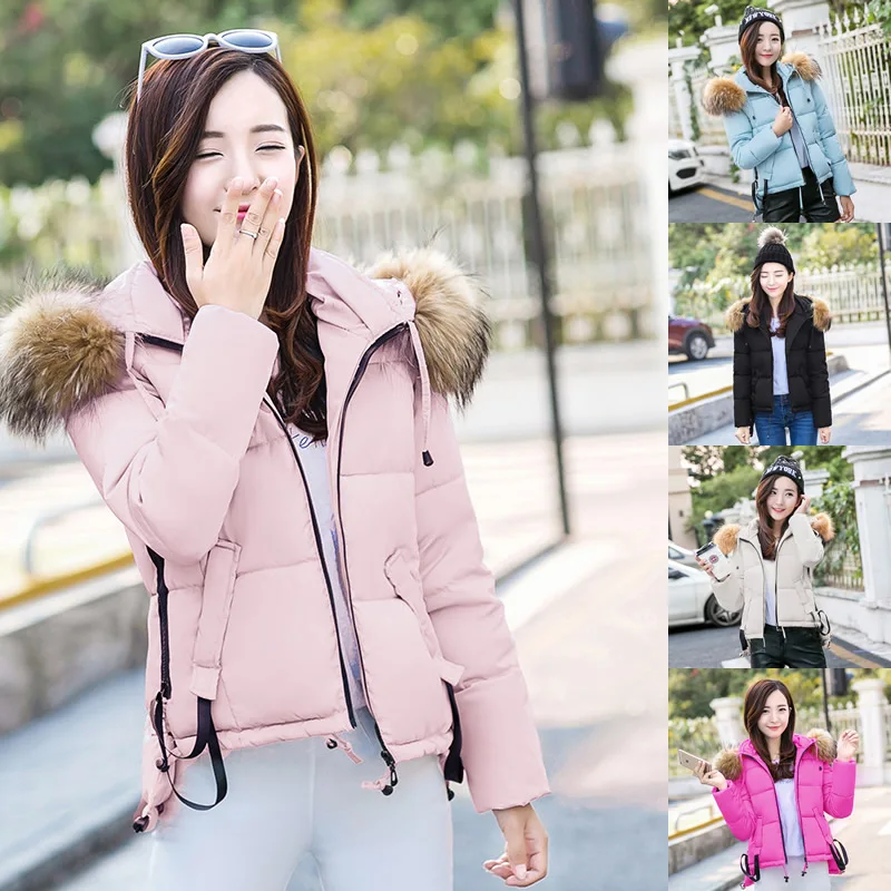 

2016 New Fashion Winter Jacket Women Slim Female Coat Thicken Parka Down Cotton Clothing pink Fur Collar Hooded Student