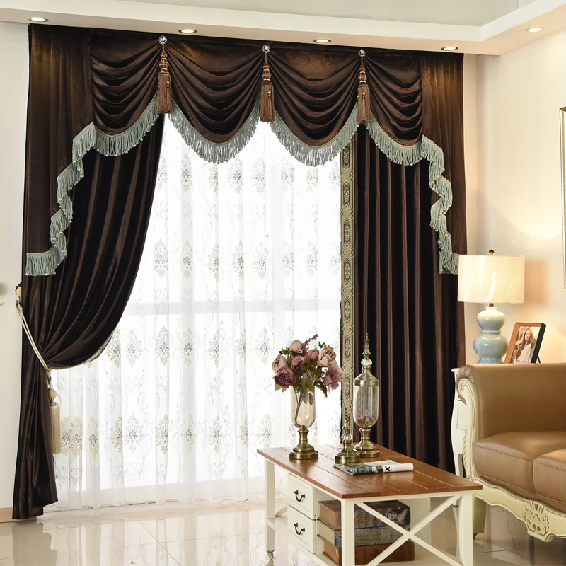 

Custom curtain Luxury European thicken coffee color wedding room Italy velvet cloth blackout curtain valance tulle E917