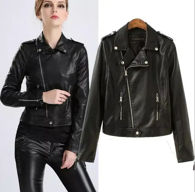 Spring autumn jacket leather women fashion Turn down