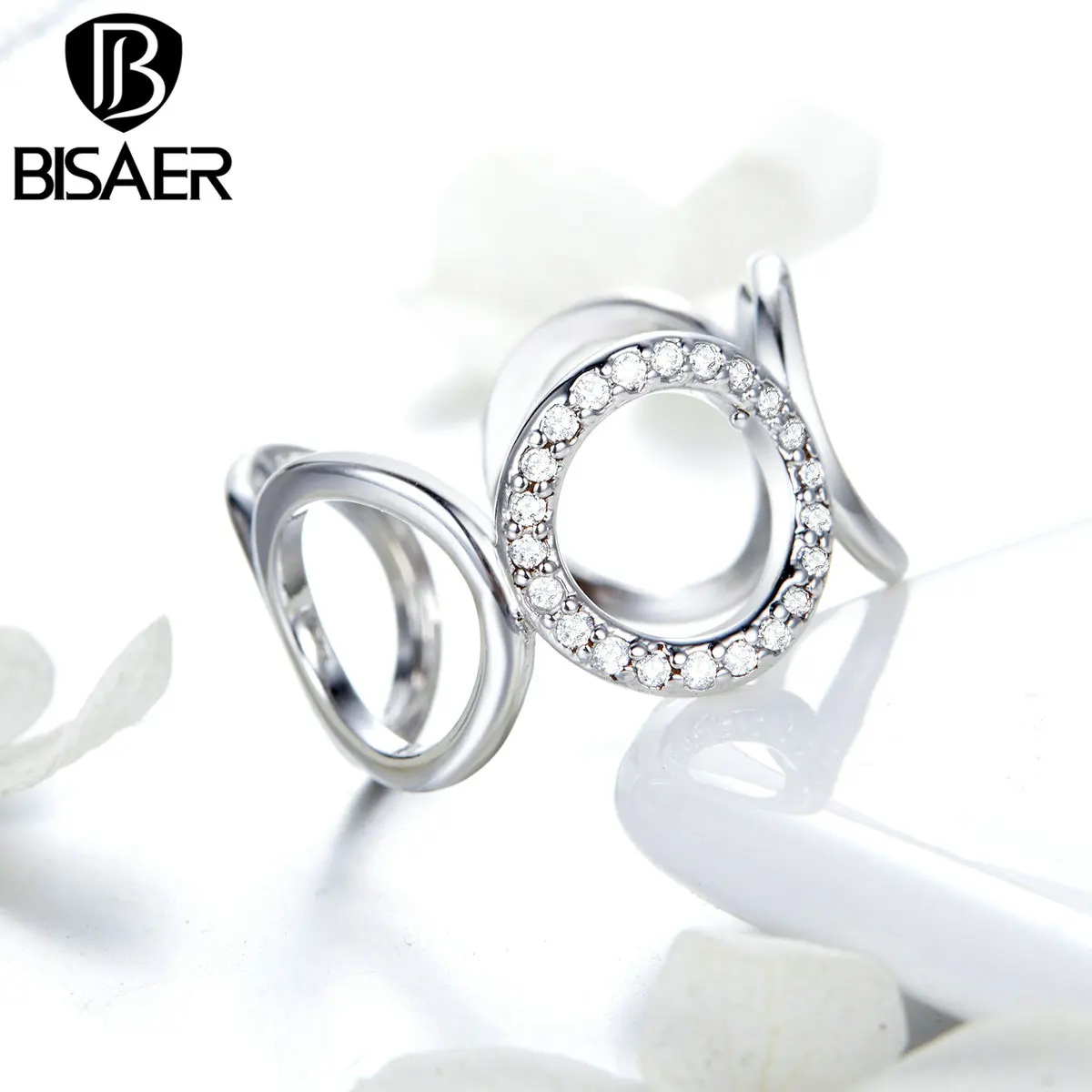 BISAER минималистичные круглые открытые Регулируемые кольца для женщин модные ювелирные изделия из кристаллов режим Argent Bijoux GSR216