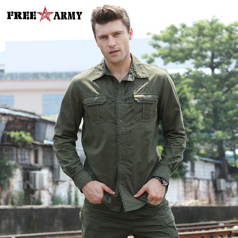 Slim Fit FREE ARMY Casual Long Sleeve Army Green