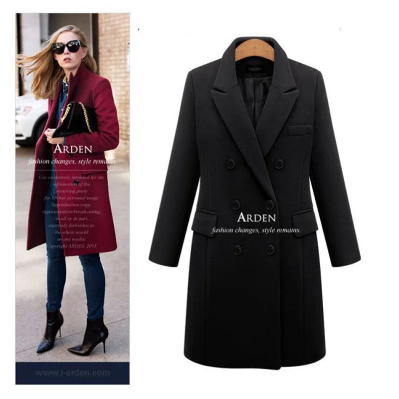 Casual Wool Solid Long Coat Ladies 2019 Autumn Winter warm coat Elegant Women Double Breasted Jackets Blazers Female clothes