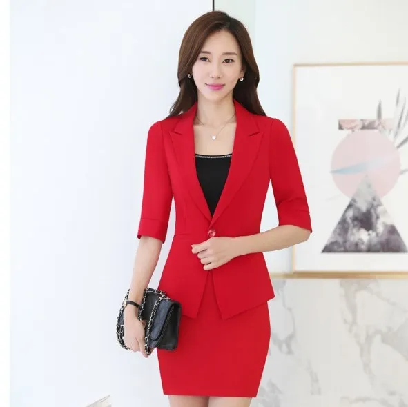Grande Femmes Outfit Noir rouge D'été Pièce Avec Rouge Blazer Noir Dames Costume 2 Féminin Travail D'affaires Jupe Moitié Taille Manches Habillé q5TwvEdxPR